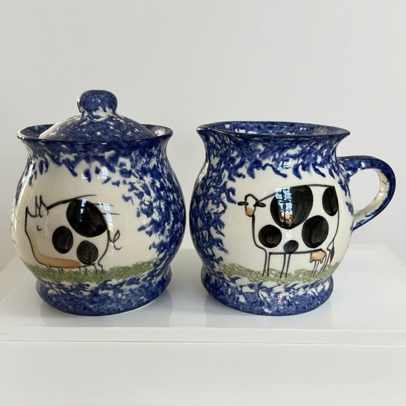 Molly Dallas Spatterware Pottery - Cream and Lidded Sugar Bowl Set - Signed - Picture 1 of 11